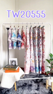 S20555 Set 2 ชิ้น เสื้อเชิ้ตแขนสั้นพิมพ์ลาย แบบครอป + กางเกงขากระบอกยาว เสื้อครอป