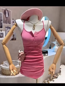 Đầm thời trang mới trễ vai có ren nút che hông co giãn mỏng có dây đeo màu trơn