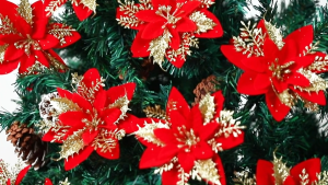 Nuvox【Gold/Gold Red】30 PCS Poinsettia with Stick/Clip Flower Artificial Poinsettia Christmas Decor Glitter Poinsettia Christmas Ornaments Christmas Tree Flower Decoration with Stems DIY Xmas Wreath Holiday Party Decor