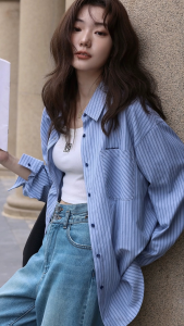 ohho w454 เสื้อเชิ้ตลายทาง สาวอวบ เสื้อทำงาน สีครีมเส้นน้ำตาล สไตล์เกาหลี เสื้อลายทางสีฟ้า