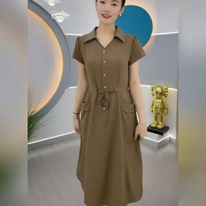 Womens plus size A- line Skirt Short-sleeved Tight Waist Belly Covering New Style Mother Fashion Pocket Solid Color Mid-length Skirt