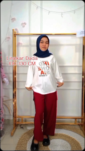 Setelan Jumbo Wanita Set Cargo Merah Putih Kaos Katun Combed 24s M L XL XXL 3XL Oneset Jalan Jalan