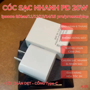 [FULLBOX] Cóc sạc nhanh PD 20W dành cho điện thoại 8/X/11/12/13/14/pro/promax/Xmax - máy tính bảng - A18 - Bảo hành 6 tháng