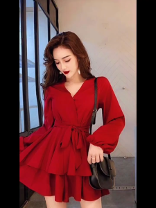 Newlan LK003 Casual Dress Wanita Gaya Korea Lengan Panjang Warna Hitam & Merah Mini Dress Scuba Sella