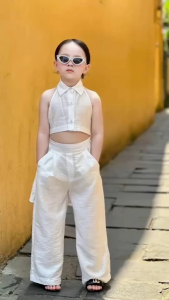 ชุดเซ็ตเด็กผู้หญิง คล้องคอผูกหลัง กางเกงขายาว ผ้าชีฟองเนื้อทราย มี3สี น้ำหนัก 10-30 กิโล รหัสFY65