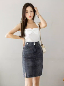 Rok jeans pendek high waist 7/8 wanita stretch belah samping terbaru [FLOKIJEANS]