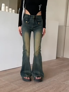 กางเกงยีนส์ขาม้าเอวสูง สีเฟดแต่งขาด ผ้ายืดเอวสูง พร้อมส่ง