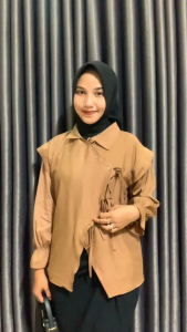 Almara Blouse Wanita Polo Linen Kemeja Full Kancing Tali Pita Otdd Lengan Panjang Busui