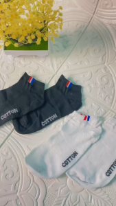QSKS77 Kaos Kaki Pendek Semata Kaki Garis Francce Kaos Kaki Pria Wanita Dewasa Putih Hitam