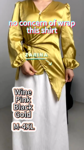 【Zarina】 lace up satin blouse wanita pakaian V leher satin top baju ootd gaya pakaian baju kemeja kemeja lengan panjang 028