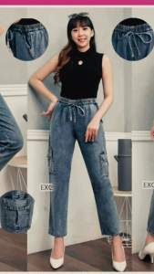 Celana Jeans Wanita - Celana Highwaist Cargo Jeans Wanita  Kantong Samping Alexa Pant Premium