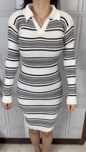 DRESS RAJUT LISAI KERAH POLO / DRESS WANITA KOREAN STYLE MOTIF GARIS TERBARU