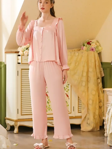 Bộ Quần Áo Mặc Nhà 4LOVA Lụa Latin Cao Cấp Thiết Kế Áo Dài Tay Nơ Lưng Quần Dài EVA163 - Bộ lụa dài tay Pansy