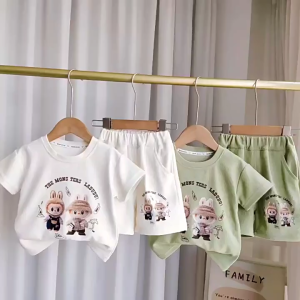 Beryl kids🌸ชุดเซ็ทเด็กแฟชั่น🎀ชุดเด็กผู้ชาย เสื้อแขนสั้น กางเกงขาสั้น ลายลาบูบู น่ารัก แพ็ก 2 ผ้าร่อง ราคาไม่แพง รับซัมเมอร์