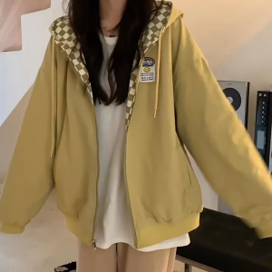 Versi Korea Baru Lebar Wanita Cardigan Jaket Kotak-Kotak Reversibel Hoodie Lengan Panjang Top