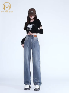 F·MIGA C156 Highwaist Korean Straight Bagy Stretch Jeans Celana Panjang Denim Wanita - Biru
