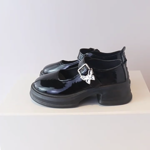 2inches Vintage Black Shoe With heels British Round Head Chunky Leather Cute Bow Mary Jane Shoes