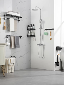 YissTiee Phòng tắm màu đen đặt giá treo khăn thanh treo quần áo móc lưu trữ giá đựng bàn chải đánh răng giá đựng bàn chải nhà vệ sinh hộp đựng khăn giấy giá máy sấy tóc không thấm nước và không rỉ sét khả năng chịu tải mạnh