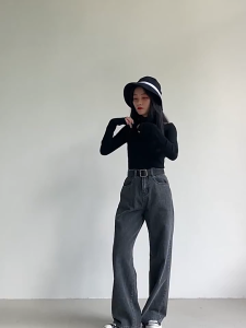 Celana Jeans Wanita Highwaist Lurus Baru Retro Loose Kaki Lebar Pinggang Tinggi Longgar Celana Panjang Kekinian