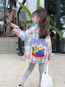 LHM Áo Khoác Bé Gái Áo Khoác Cho Bé Gái Áo Sơ Mi Kẻ Sọc Cho Bé Gái Mùa Xuân Mới Áo Sơ Mi Dài Tay Trẻ Em Mùa Xuân Và Mùa Thu Áo Khoác Bé Gái