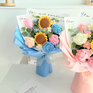 [SG Stock] Cute and Funny Handmade Big Sunflower Knitted Mixed Flower Bouquet for Wedding House Warming Graduation Gift