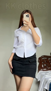 Long Sleeve Polo Shirt for Women New Arrival Korean Style Slim Casual Basic Blue Crop Tops Blouse school uniform