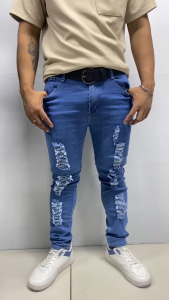 Mens Casual Ripped Denim Long Hole Jeans Trouser Plus-size Mens Jeans Slim Fit Skinny Denim Stretch Tapered Jean Pants