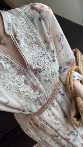 Maxi dress bermotif bunga gaya resor bohemian lengan panjang/V-neck korean dress vintage
