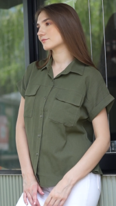 QUEENTIN Kemeja Wanita Casual 0077 Katun Poplin Polos Lengan Pendek