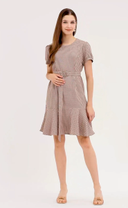 Krizia Plaid Cotton Tweed Flounce Hem Dress Gold Back Zipper Ring Belt