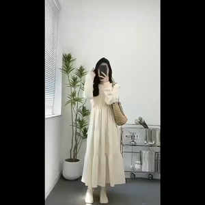 Wanita Gaun Lengan Panjang Kemeja Sweater A-line Polos Atas Elastis Pinggang