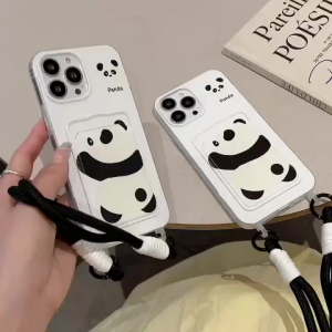 Cartoon PANDA Card BAG with Hanging ROPE Case for iPhone 11 13 12 14 15 PRO MAX Anti DROP Soft Case casing for iphone13 Case