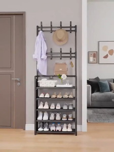 Hisoa 5 Layer Multifunctional Shoe Rack Simple Floor Coat Rack Living Room Removable  Metal Hanging Rack Shoe Rack