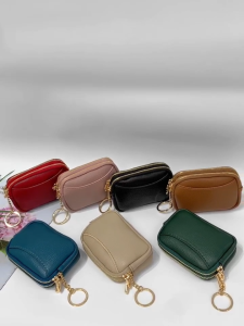 2 Zipper Compartment Coin Holder PU Leather Coin Purse Mini Wallet with Ring Chain