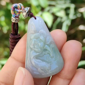 Smooth Texture Two colors Green and Lavender Natural Type A Jadeite Pendant Necklace crafted with Flower and Fish symbols of Wealth prosperity and good fortune certificate included weigh 11.84 grams 38.6 * 24.5 * 7.8 mm suitable for daily wear