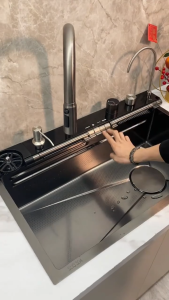 Waterfall Sink 304 Stainless Steel Lababo Kitchen Sink  Set Multi-function Large Single Slot Integrated Digital Honeycomb pattern