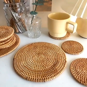 8/10/16/18cm Round Placemats Handmade Rattan Placemats Kitchen Insulated Rattan Placemats Coasters Round Placemats