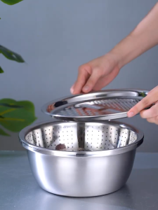 Nipiin 3Pcs/Set 3in1 Stainless Steel Basin Bowls with Grater Stainless Steel Multi-Function Vegetable Slicer Shredder
