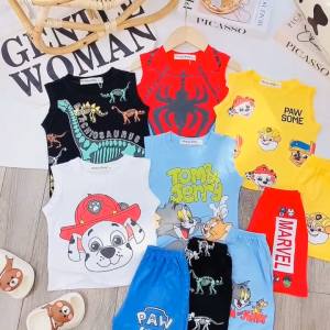 Bộ ba lỗ bé trai Khủng long siêu nhân vải thun lạnh Minky loại 1 cho bé trai bé gái 1.2.3.4.5.6.7T