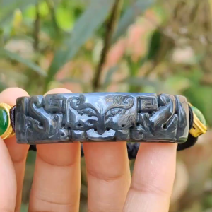 Wuji Black Natural Type A Jadeite Bracelet crafted with Tao Tie symbols of Power and abundance and Money with certificate weigh mm  11.17 grams 48.8 * 13.3 * 6.9 (bracelet7)