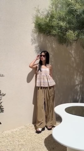 SHOPAPPAREL | #3905 Set เสื้อสายเดี่ยวชายระบายผ้าพิมพ์ลายสก็อต​ + กางเกงขายาวสีพื้น