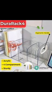 DuraRack4 - Four Compartment Acrylic Desk Organizer with Ergonomic Handle | Transparent Storage Rack for Office Documents Books and Household Supplies