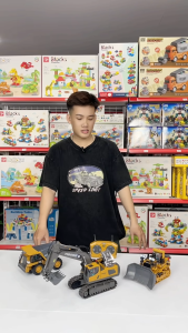 Xe Ben Xe ủi Xe Máy Xúc Kim Loại có Điều Khiển Từ Xa Bánh Xích Pin Sạc- Động Cơ Mạnh Mẽ Di Chuyển 9-11 Kênh Cho Bé