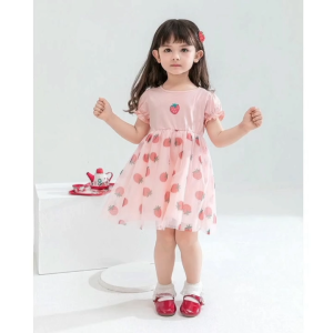 Kids Girl Dress 1-6 Years Fashion Little Girl Princess Party Clothes Short Sleeves Strawberries Print Tutu Dresses for Toddler Girl Wedding Clothes
