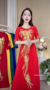 Áo Dài Chất Liệu Lụa Mỹ Cao Cấp Họa Tiết hoa đính kết Thủ Công
