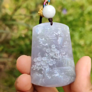 Lavender with green patches Crafted with People Moutains Trees bridge water good for boosting personal fengshui Natural Type A Jadeite Pendant Necklace with certificate weigh 42.92 grams 51.5 * 36.2 * 11.5 mm