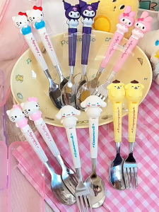 Mumystation Kids Cutlery Set Sanrio Spoon Fork Set With Box Stainless Steel Spoon and Fork Set Cartoon Melody Kuromi Tableware Set