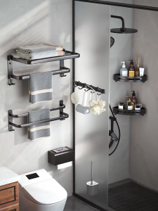 YissTiee ชุดห้องน้ำสีดำชั้นวางผ้าขนหนูพับคู่ที่วางแปรงห้องน้ำที่วางผ้าเช็ดตัวกระดาษกันน้ำและกันสนิมไม่เจาะ/ติดตั้งเจาะ