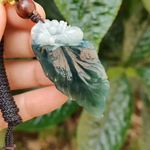 Bluish Dark Green Premium Quality Natural Type A Jadeite Pendant Necklace crafted as leaf with certificate weigh 12.98 grams 57.7 * 24 * 8 mm symbols of Great success and rising step by step career is going smoothly (pendant164)