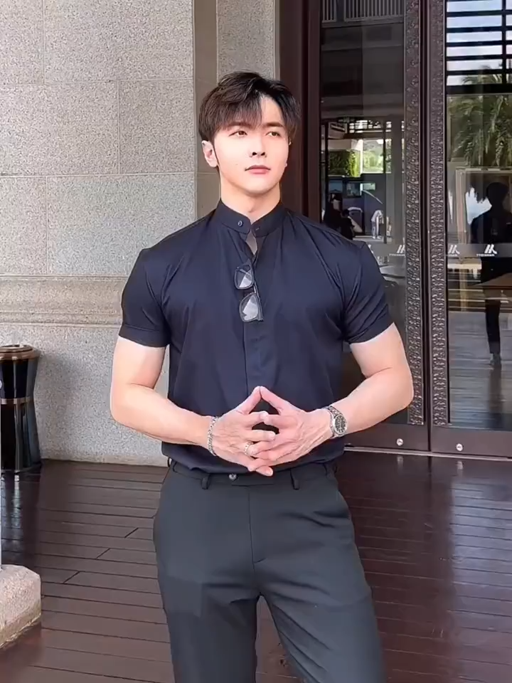 HUILISHI China Collar Mens Button Down Short Sleeve Shirt